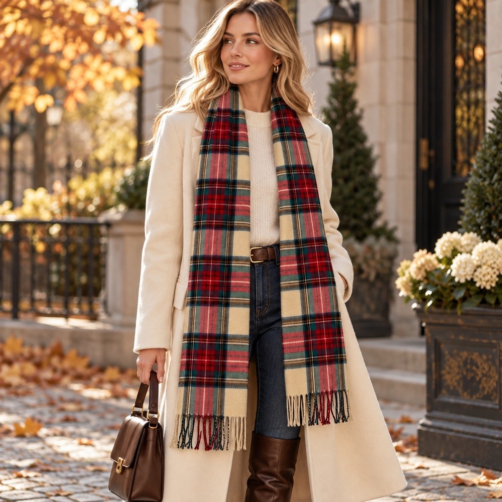 Scotland Plaid Cashmere Scarf Womens Red Cream Plaid Tartan Heritage Luxury